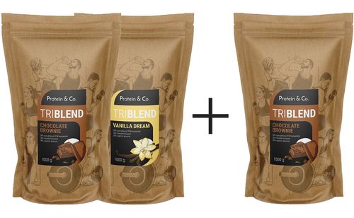 Protein&Co. TRIBLEND akce 2 + 1 zdarma Příchuť 1: Chocolate brownie, Příchuť 2: Vanilla dream, Příchuť 3: Biscuit cookie