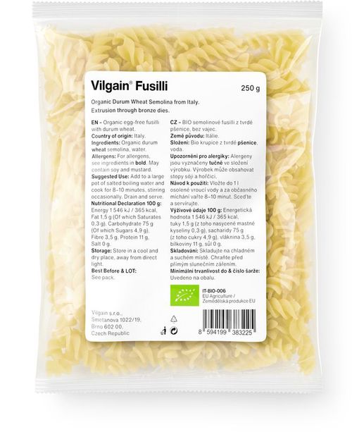 Vilgain Fusilli těstoviny BIO semolinové 250 g