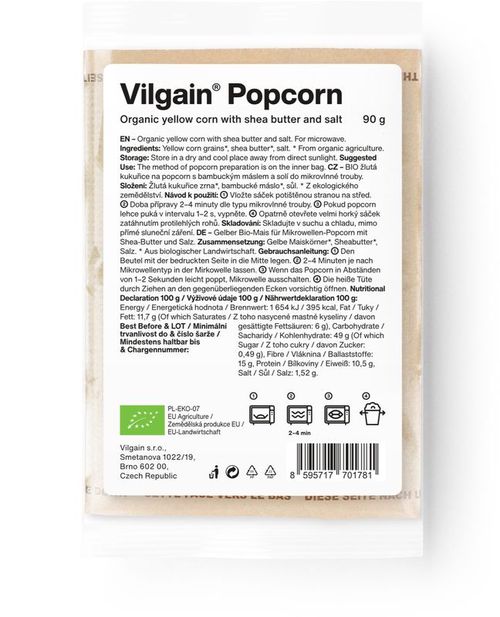 Vilgain Popcorn do mikrovlnky BIO solený ze žluté kukuřice
